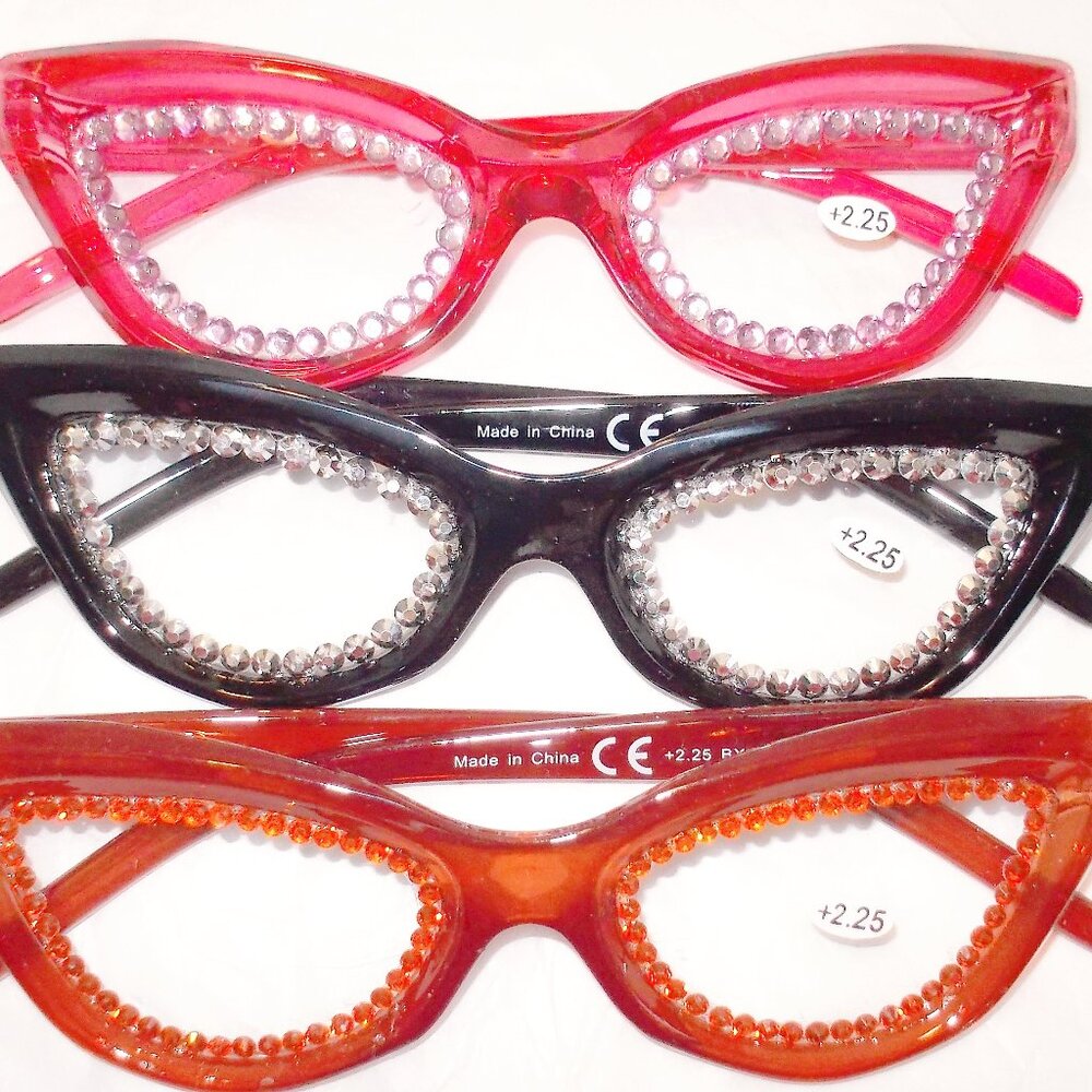 SET OF THREE 2.25 STRENGTH CATEYE RHINESTONE READING GLASSES FABULOUS!